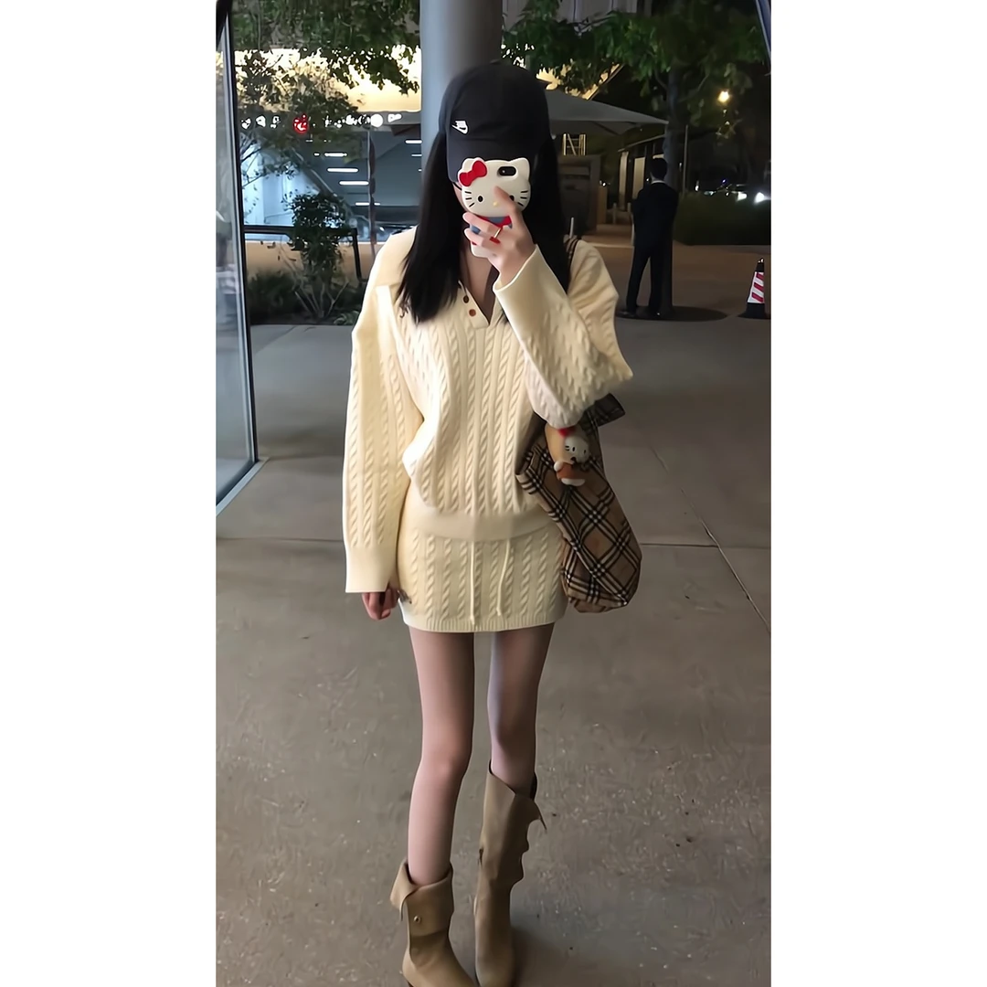 韩系翻领纽扣套头宽松针织衫毛衣女秋季高腰A字半身短裙两件套