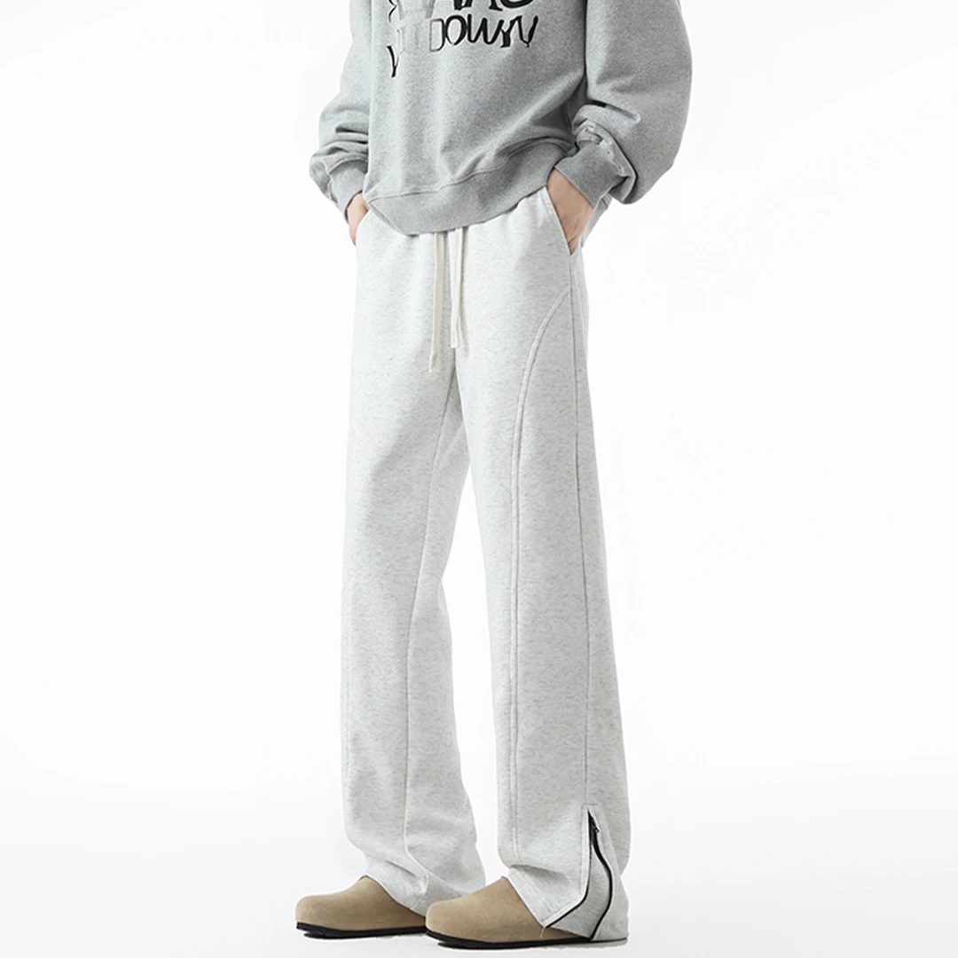 白花灰色弯刀卫裤男款秋季美式侧边拉链微喇裤子直筒斜切休闲长裤