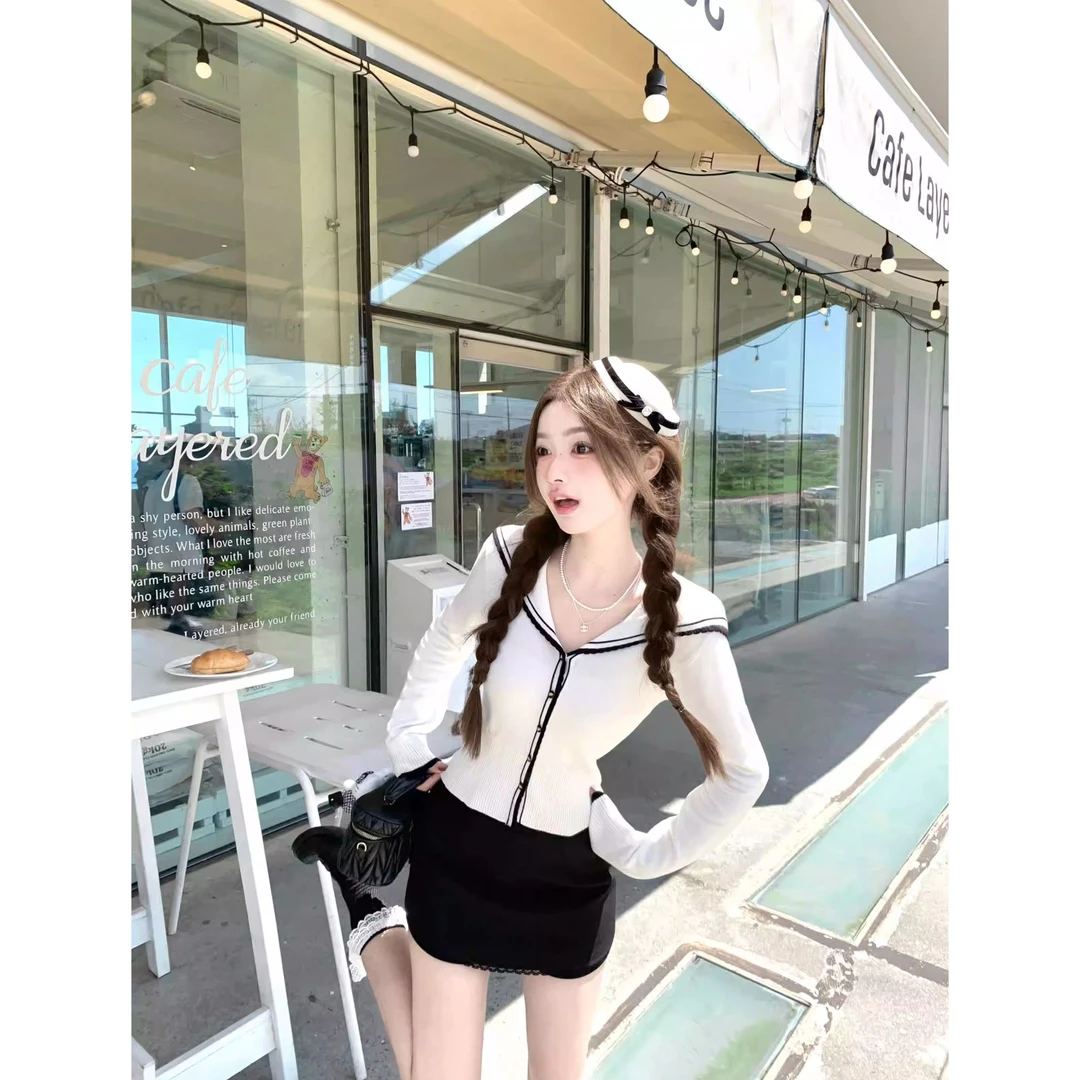 S0148学院风海军领长袖针织开衫2025新款早秋季修身显瘦上衣短款