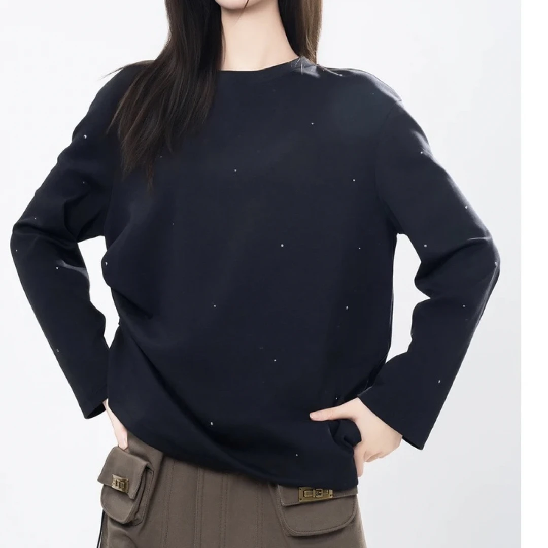 新款秋季慵懒感小众长袖T恤满天星烫钻圆领卫衣女530100