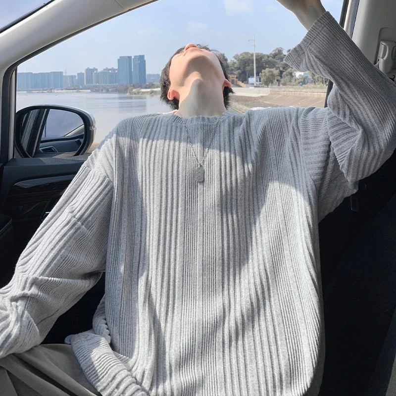 春秋季复古抓毛绒感肌理感大码圆领长袖T恤男潮牌宽松打底衫上衣