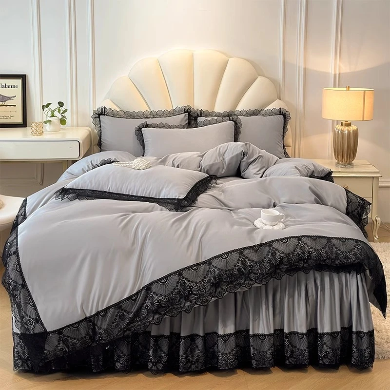 法式蕾丝花边床上四件套被套复古赫本风被罩床单夹棉床裙款床品4
