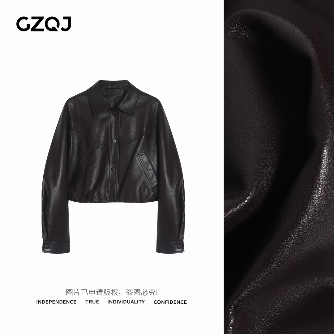 广州琴姐【皮质力量】设计感潮流翻领短款真皮皮衣外套女士上衣0532