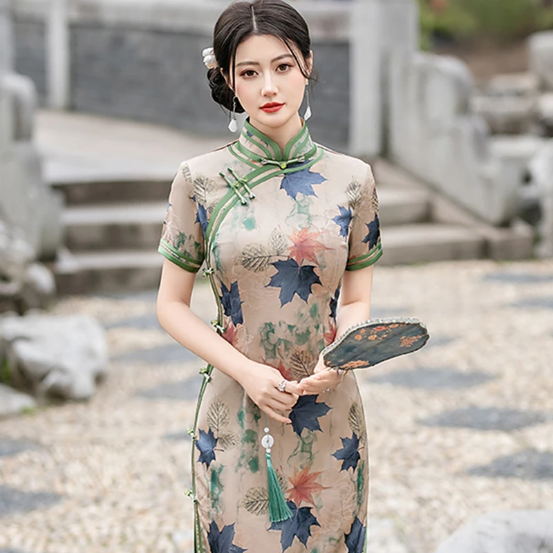 新中式旗袍2025夏季老上海日常可穿气质素雅国风礼服长款开叉裙子