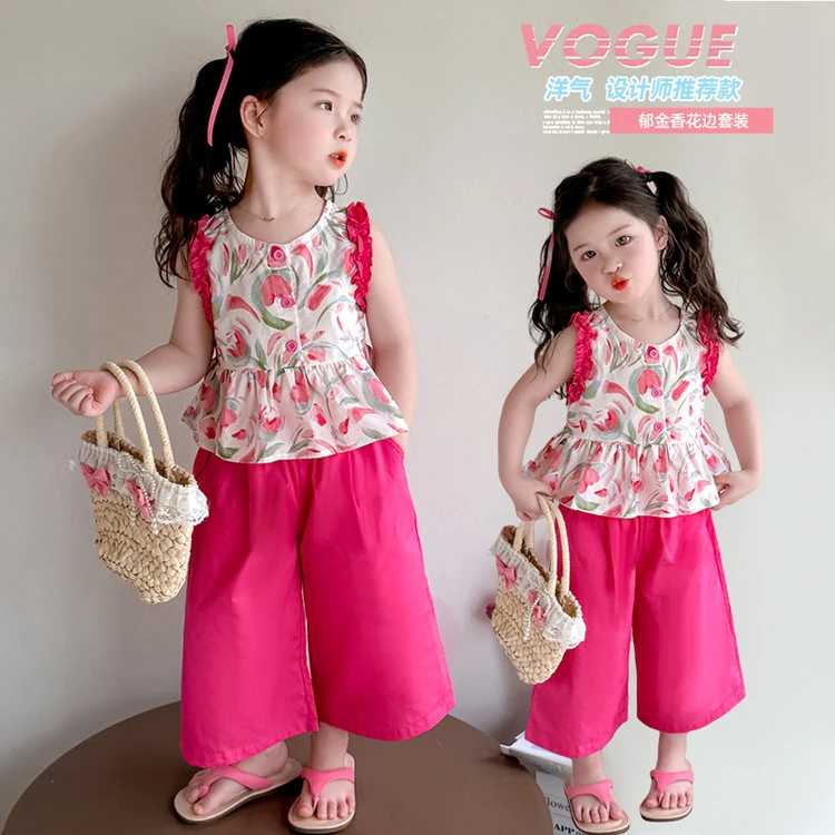 套装甜美夏季印花女童中小童儿童碎花洋气薄款女孩女宝民族风