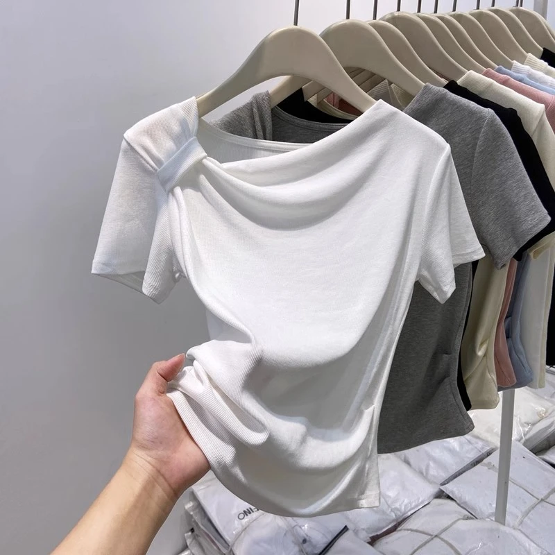 设计感斜领扭结短袖上衣女2025夏高腰显瘦t恤辣妹不规则百搭小衫