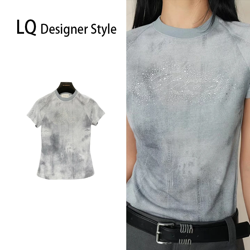 【Q-俏俏】设计师款高定圆领胸口字母亮钻T恤23001