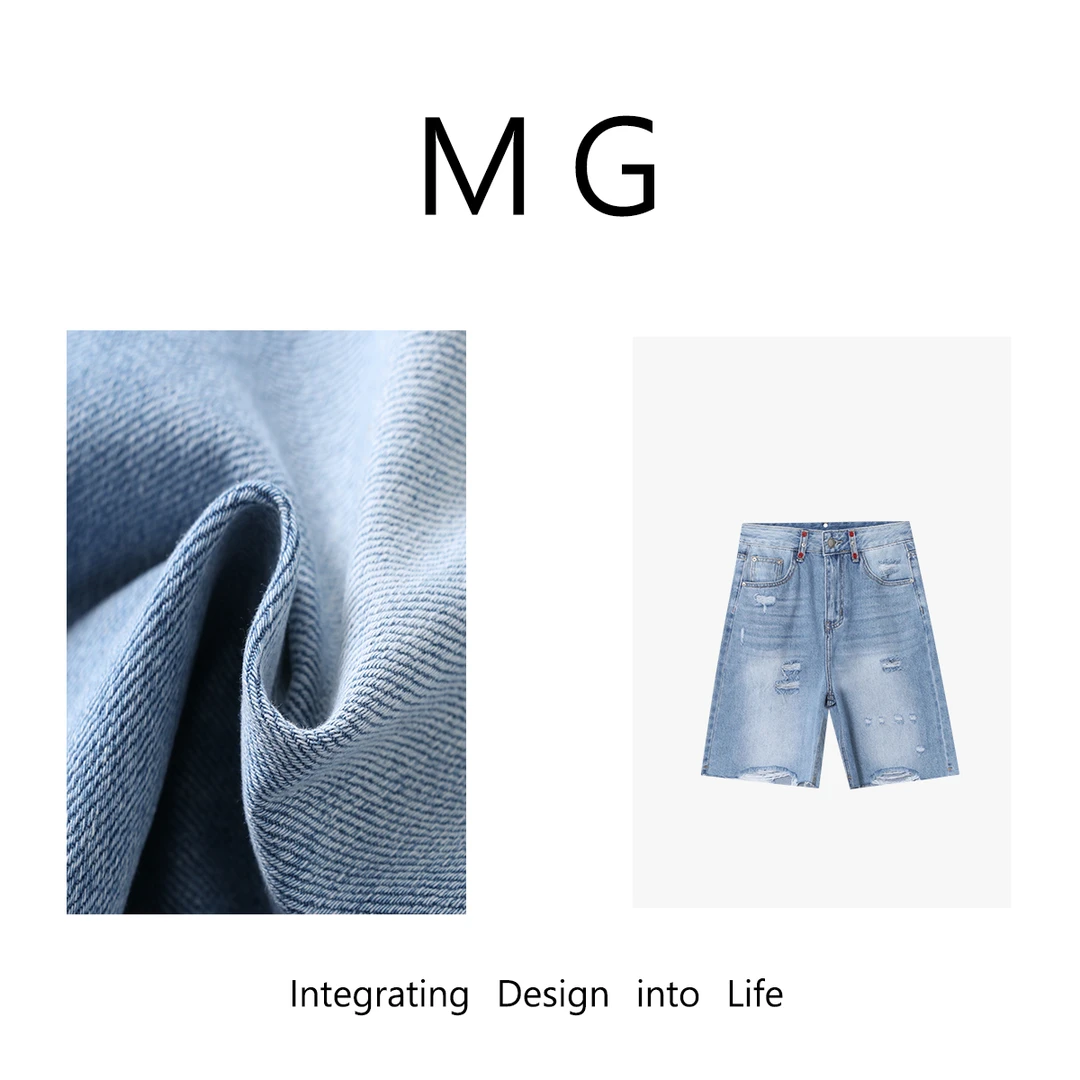 木岸MUAN：《海岸线中裤》“海浪系列”定制红标破洞牛仔中裤女F8-9913