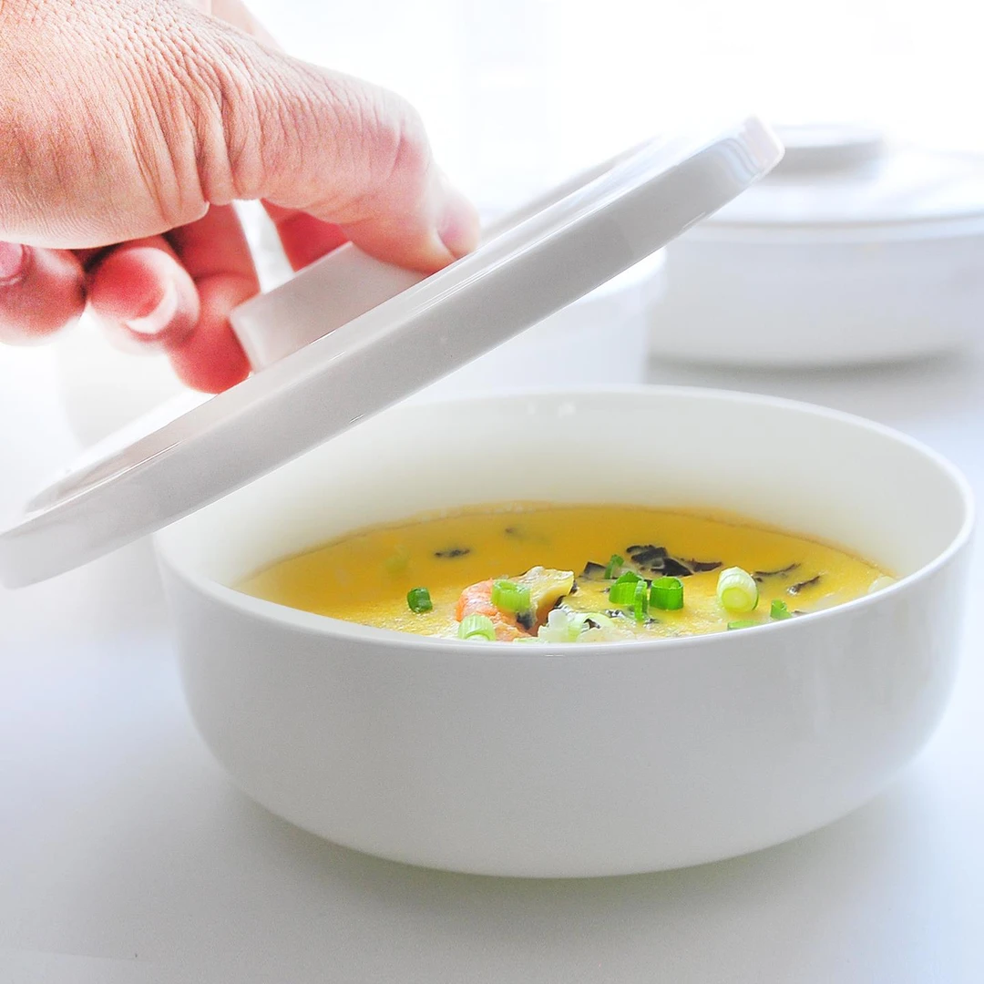 陶瓷带盖子蒸盘加深窝盘白色骨瓷蒸蛋盘带盖子专用深盘盘子盘子家