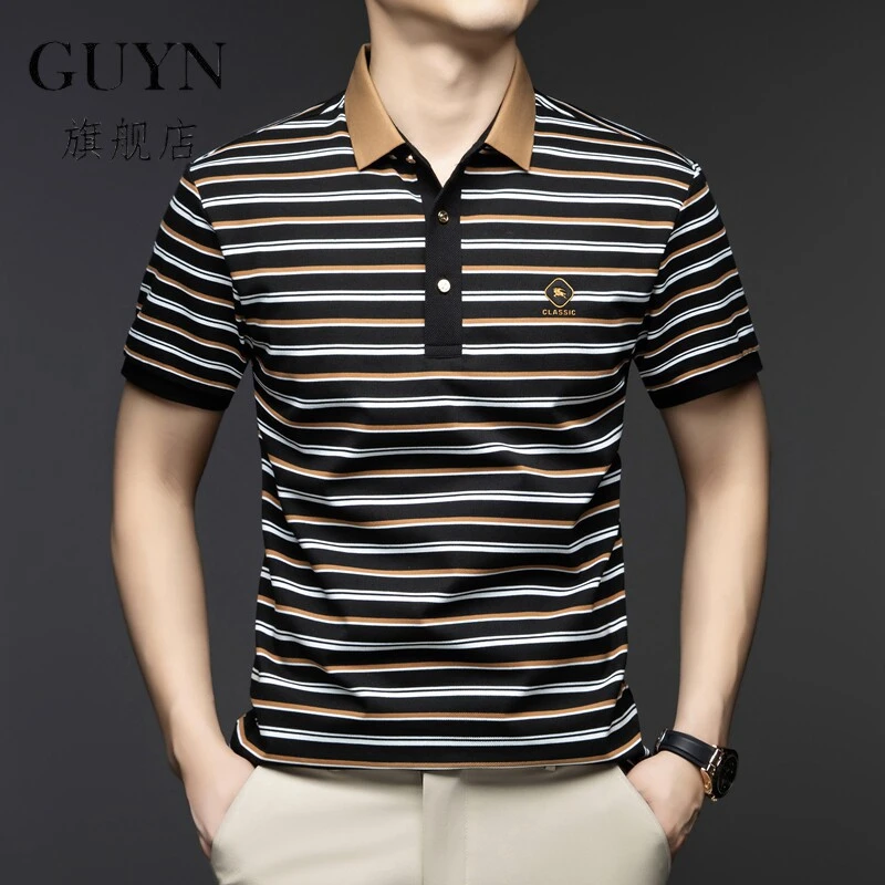 GUYN条纹Polo衫男士时尚潮流丝光棉短袖T恤夏季新款翻领刺绣T恤衫