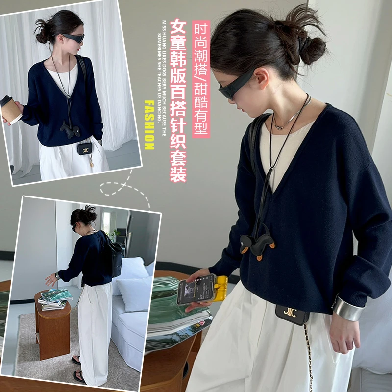 女童套装春装2025新款儿童假两件毛衣女大童休闲洋气阔腿裤两件套