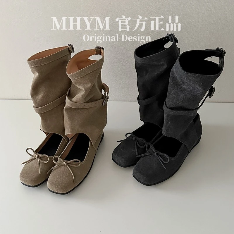 MH官方复古蝴蝶结方头运动底凉靴镂空芭蕾舞鞋女显瘦厚底短筒靴