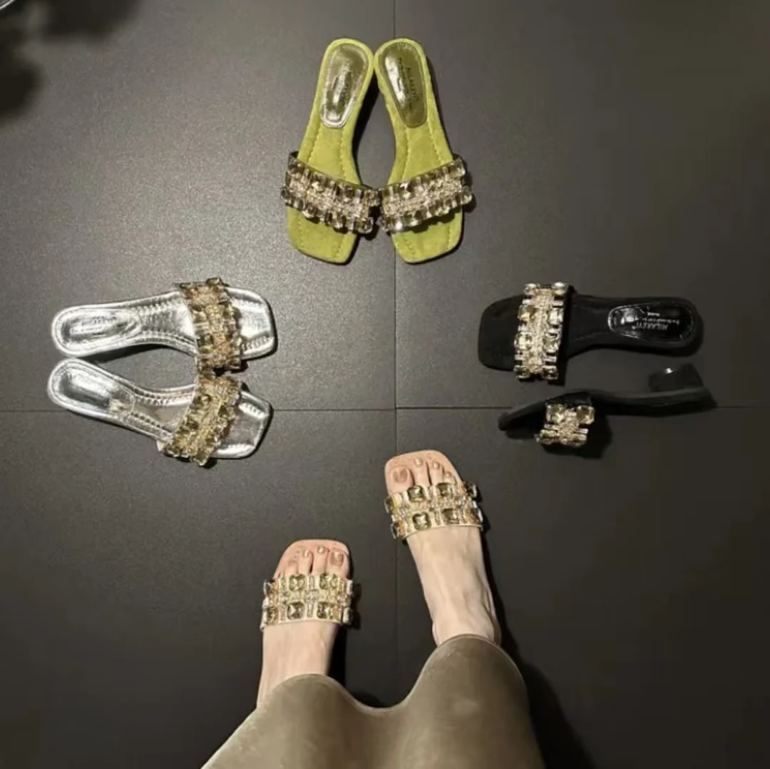 2025年一字带水钻气质百搭时尚网红舒适方头凉拖跟鞋休闲 AXL021