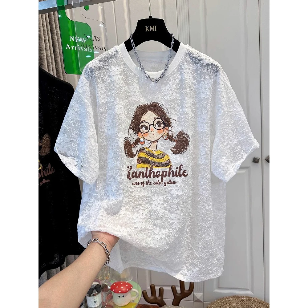 胖妹妹240斤大码女孩刺绣提花镂空短袖蕾丝衫女夏季上衣轻薄宽松