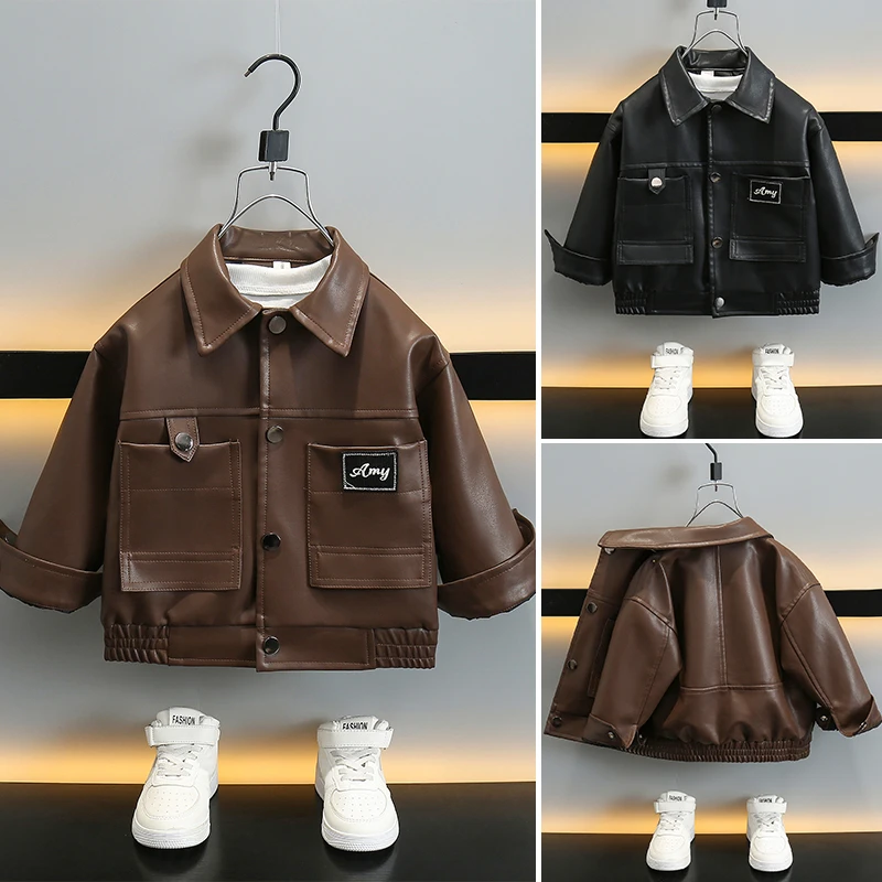 小黄鸭儿童装男童春秋外套2025新款皮衣中小童男孩春秋皮夹克酷帅
