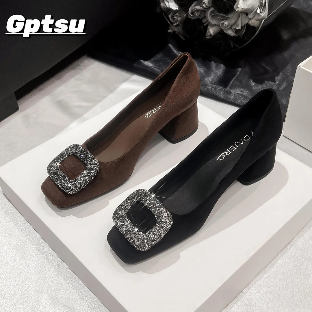 GPTSu方头粗跟单鞋女浅口高跟鞋绒面水钻时尚百搭黑色工作通勤鞋