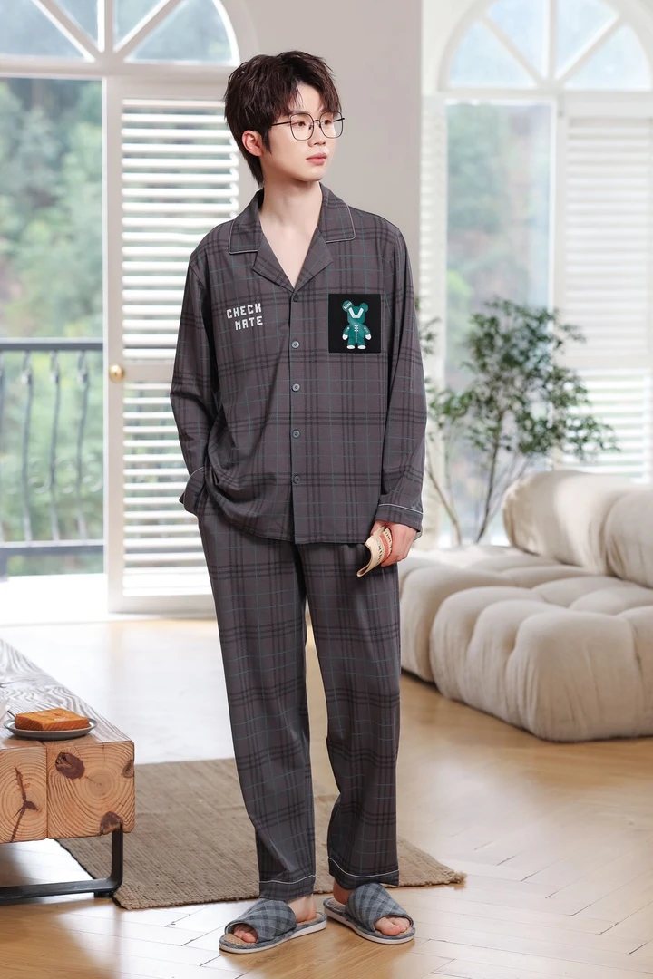 春秋季男士95爽棉长袖开衫可爱卡通宽松休闲家居服套装