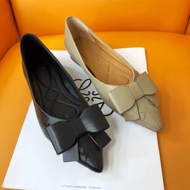 xizi/昔子B776尖头平底鞋蝴蝶结女鞋软底单鞋全真皮浅口百搭女鞋