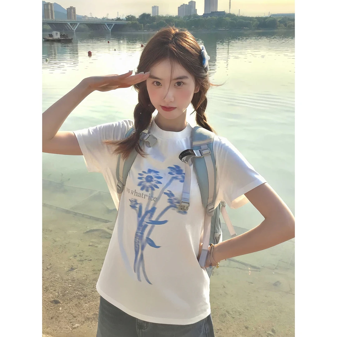 正肩短袖纯棉显瘦t恤2025新款收腰可爱短袖夏季小众休闲百搭上衣