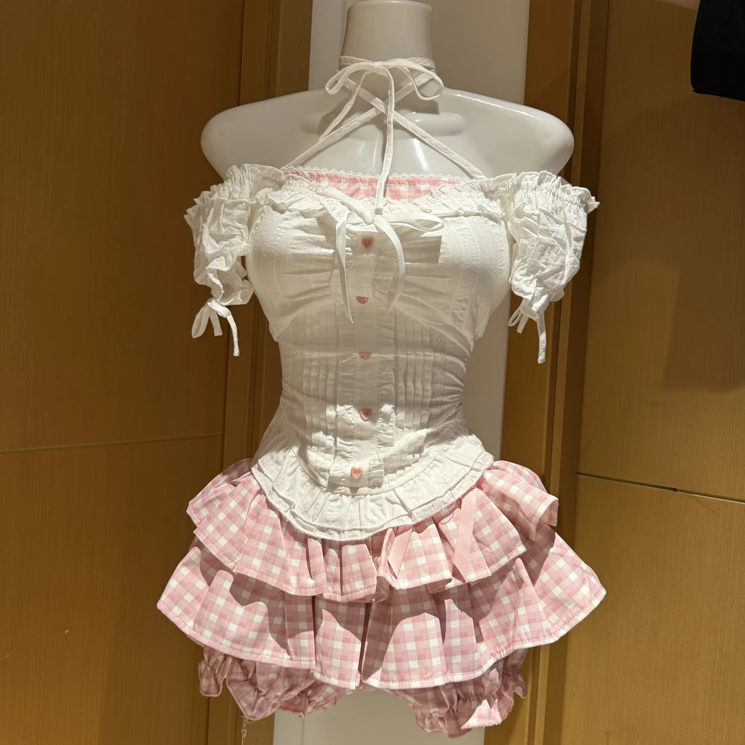 WM家小松奈奈白色上衣粉色格纹短裙夏季款