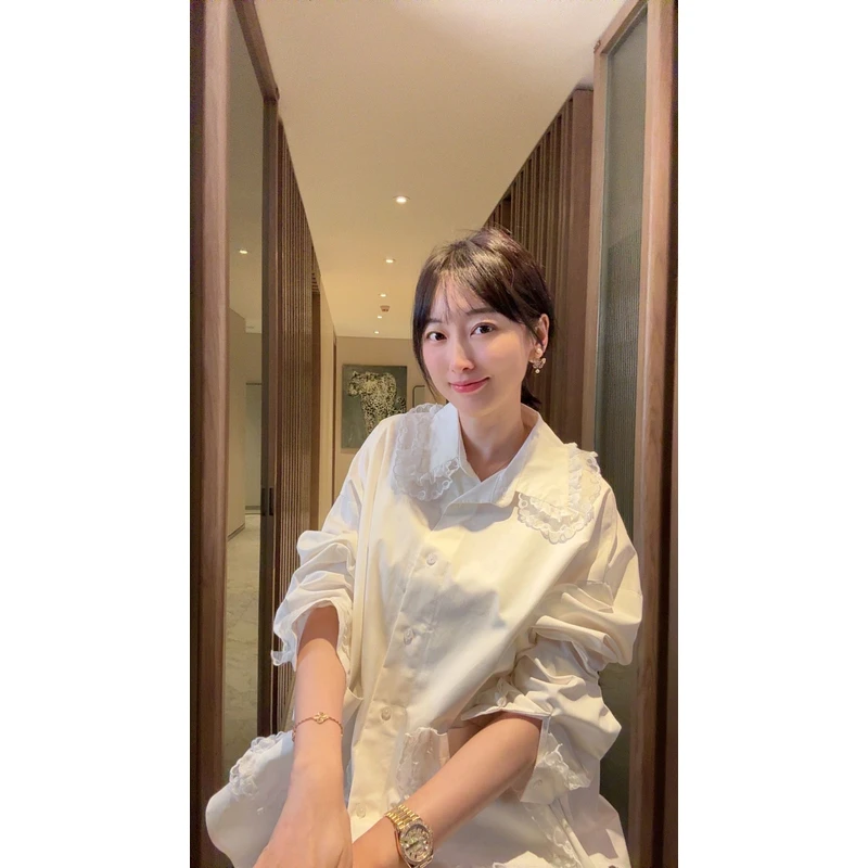 【张静芝】蕾丝花边贴布口袋翻领衬衫