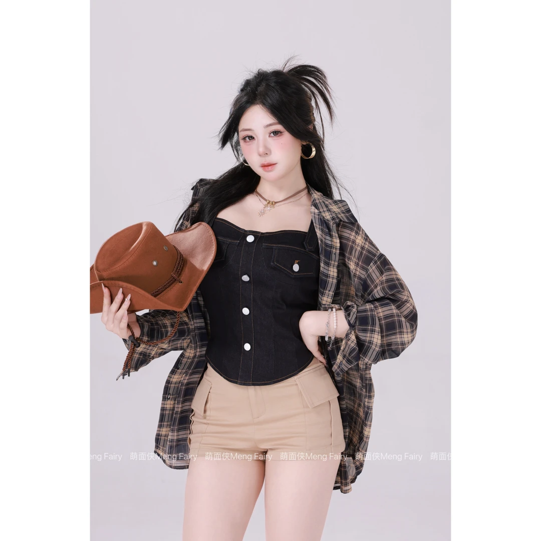 现货萌面侠【酷女孩穿搭】85棉牛仔辣妹吊带宽松衬衫套装6545M6552M