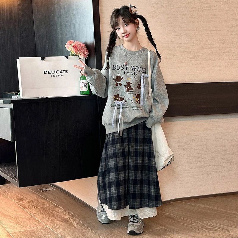 女童秋季新款格子裙卫衣两件套2025女大童韩系甜美套装女孩宽松潮