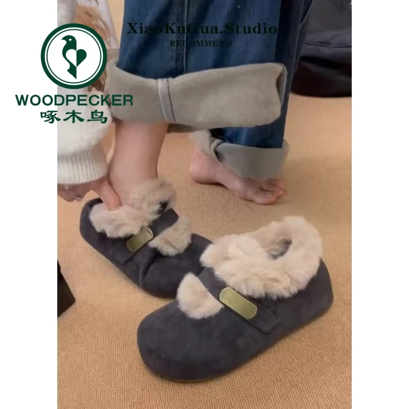 啄木鸟复古内增高勃肯鞋女2026新款冬季加绒棉鞋一脚蹬毛毛鞋子