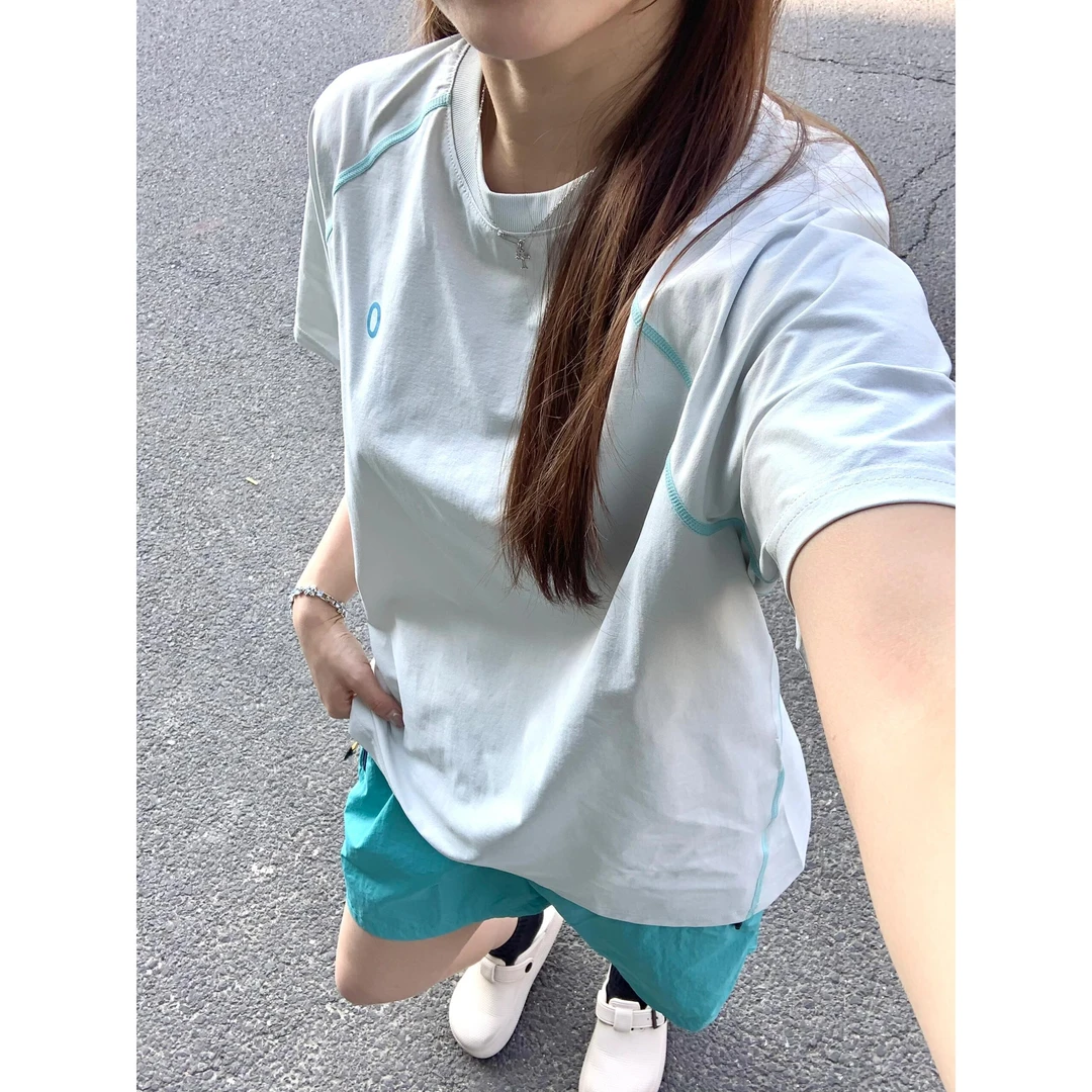 拼接撞色凉感t恤女夏季薄款户外运动训练骑行服防晒速干情侣短袖