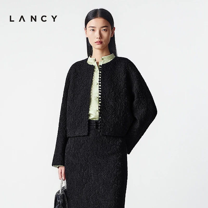 LANCY/朗姿2025年冬新款气质高级羊毛黑色短外套女秋优雅盘扣上衣
