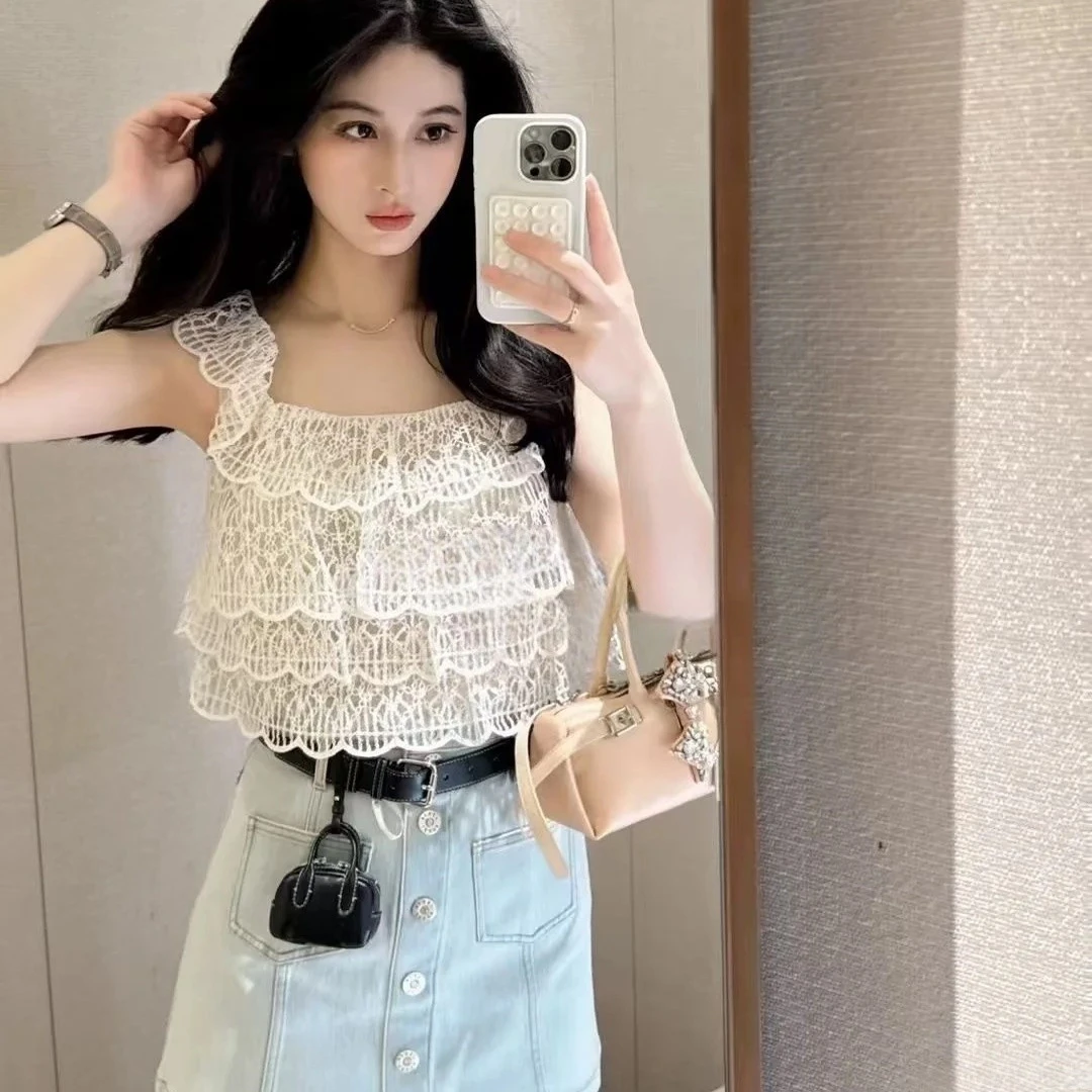 YOYO高定no退no换法式复古蕾丝钩花衬衫女夏季镂空设计感小背心