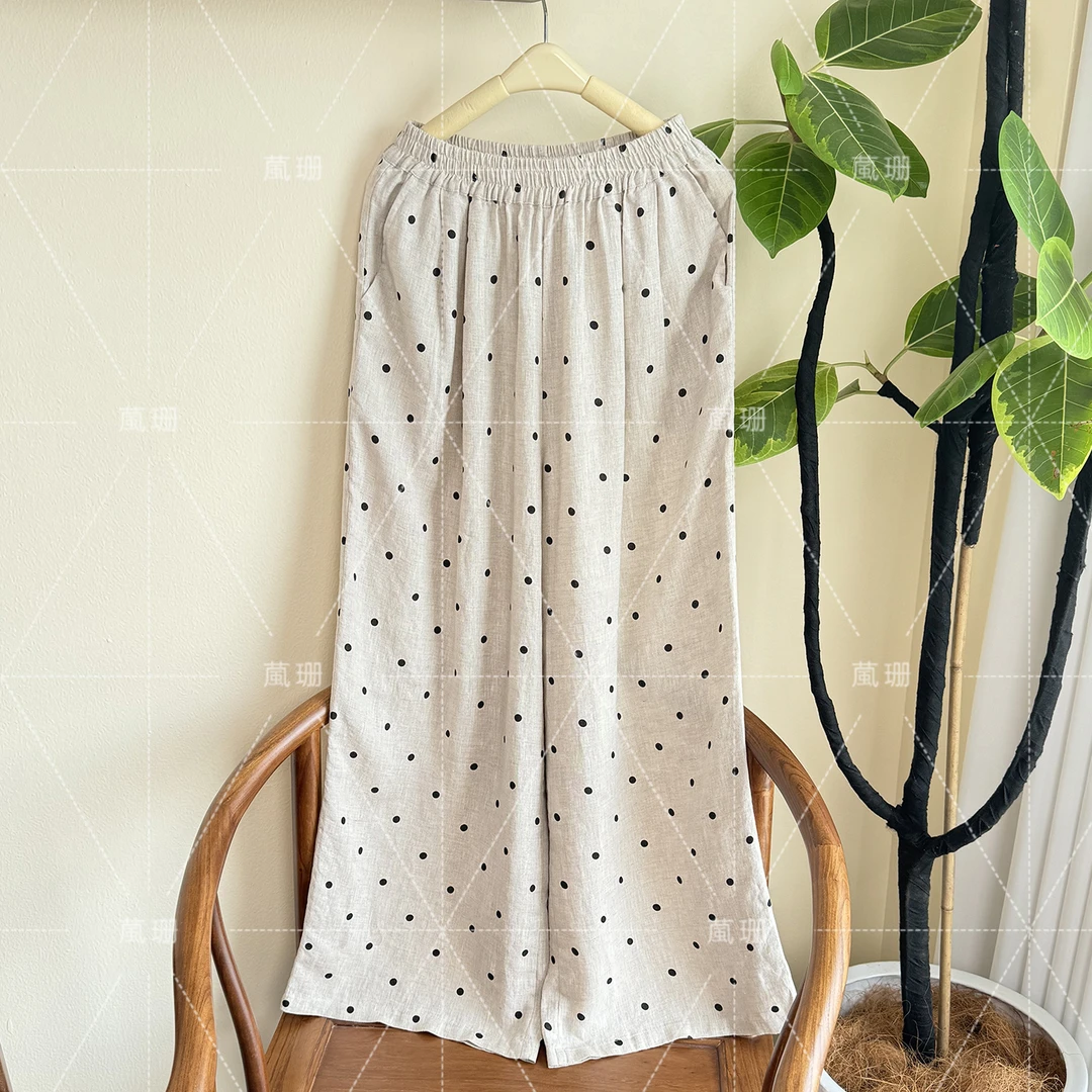 【亚麻波点裤】夏季百搭圆点宽松阔腿裤长裤休闲裤52445