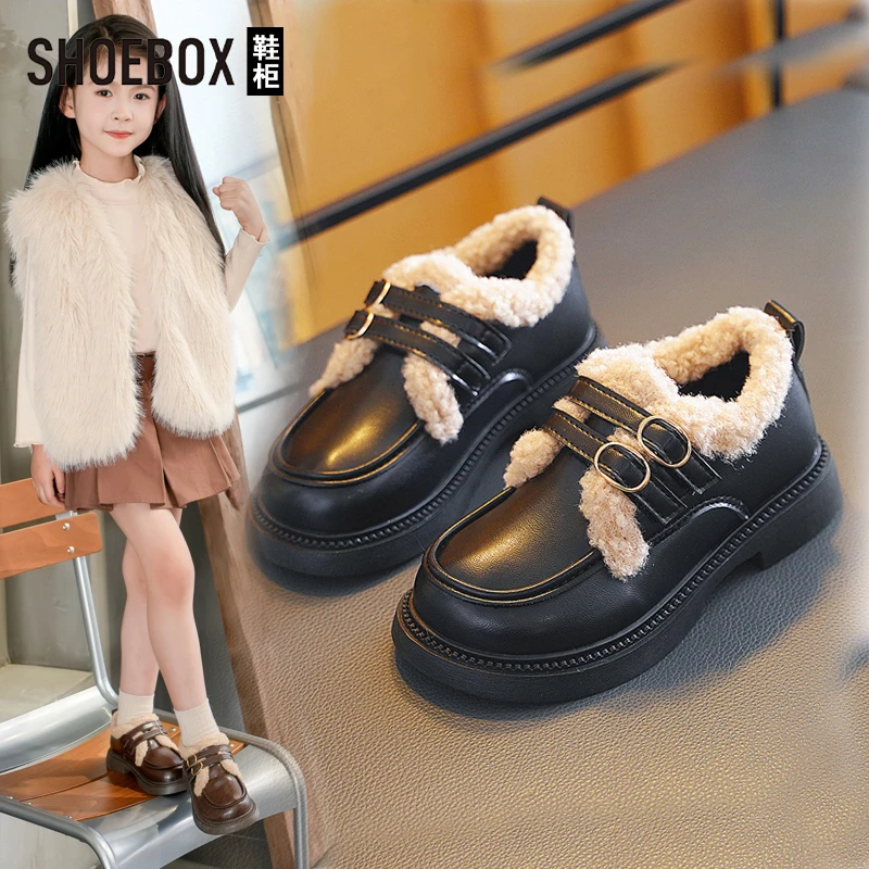 达芙妮旗下鞋柜女童小皮鞋加绒新款儿童人二棉鞋小公主加绒豆豆鞋