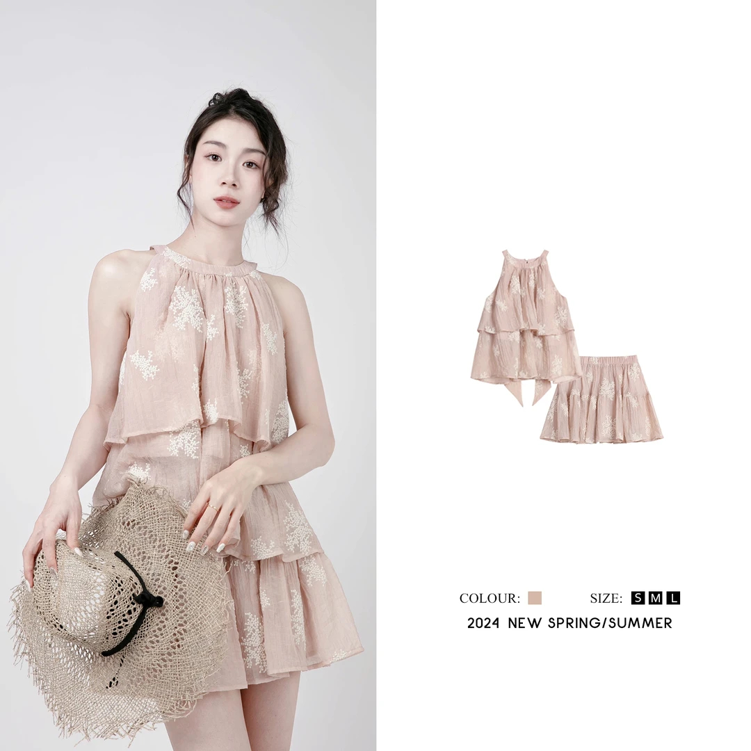 AMANLIN/阿谩琳网红辣妹纯欲层叠挂脖小衫半身裙时尚套装LZ592132