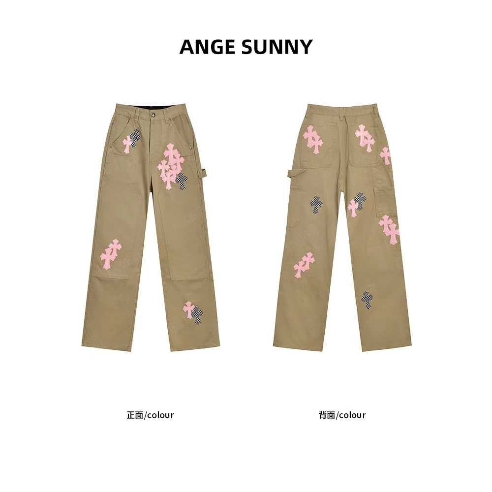 ANGE SUNNY【王紫璇同款 粉色十字标工装裤】重工贴布刺绣休闲长裤