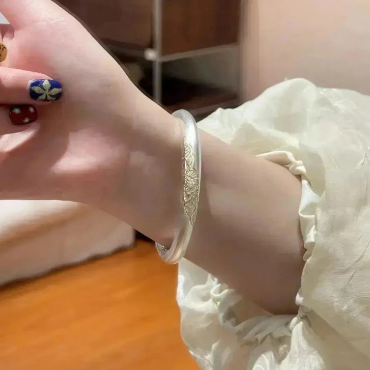 999繁花似锦素圈磨砂古法描金女纯银手镯情人节礼物