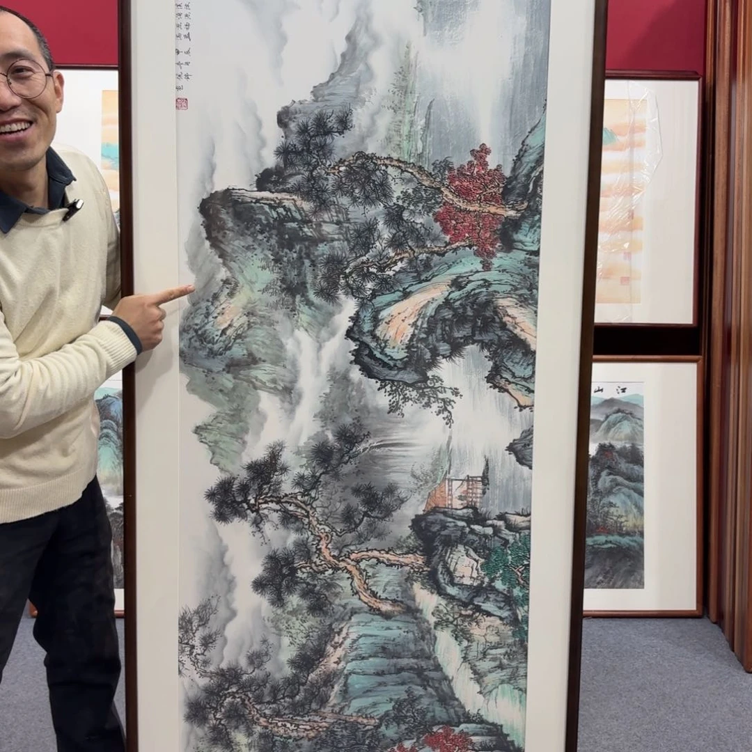 国画罐*瓶带框绘画作品