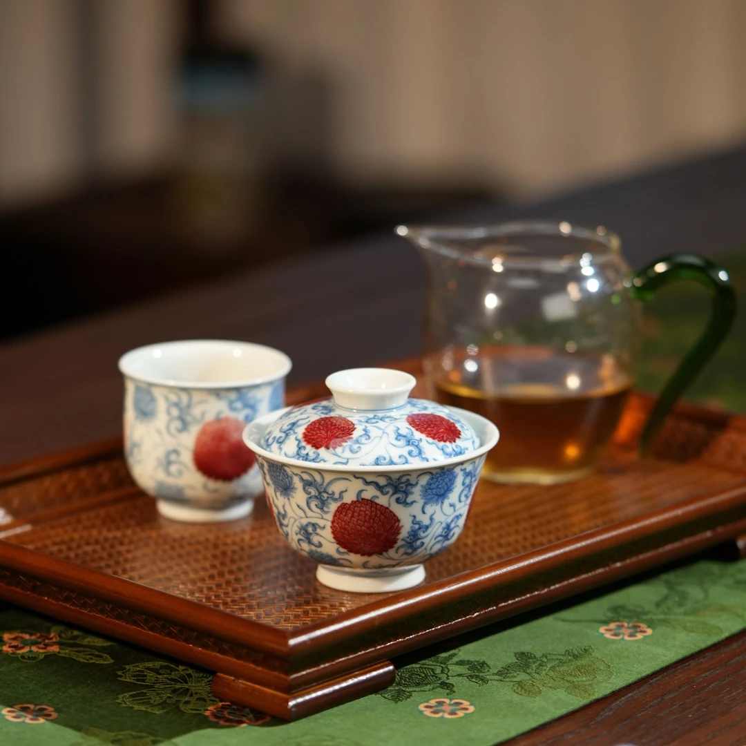 屹朴堂青花釉里红团菊闻香杯 景德镇全手工手绘盖碗高端送礼女士