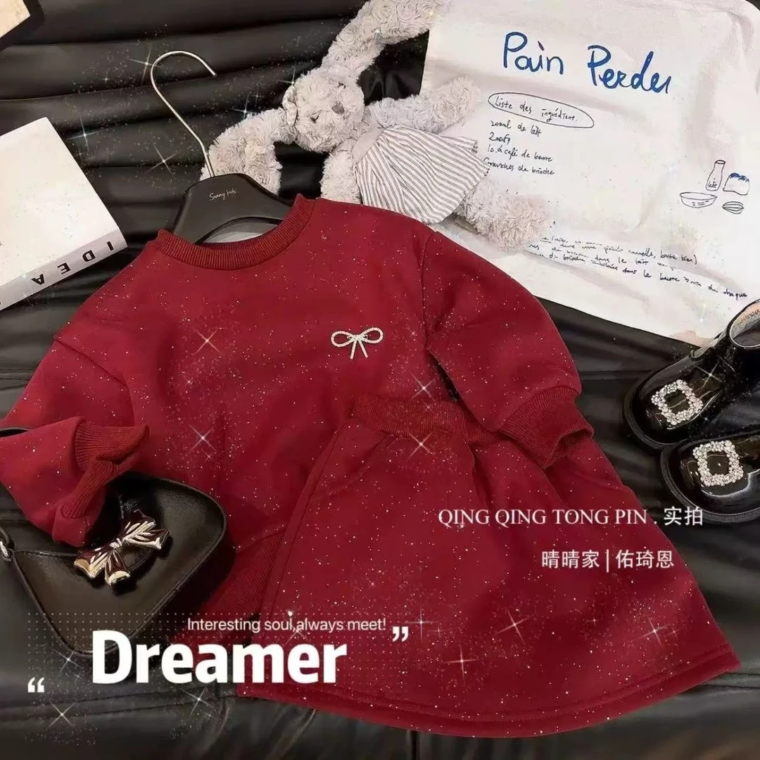 女童洋气安可拉红加绒上衣短裙两件套2024冬季新款套装卫衣裙子潮