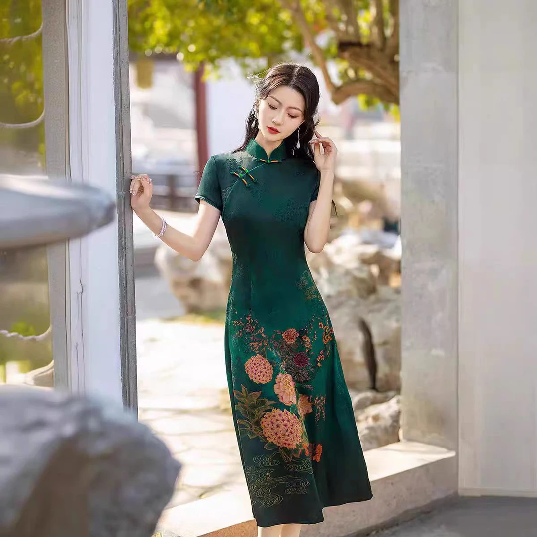 979-红绿双色新中式旗袍2025夏季老上海素雅国风改良礼服新款