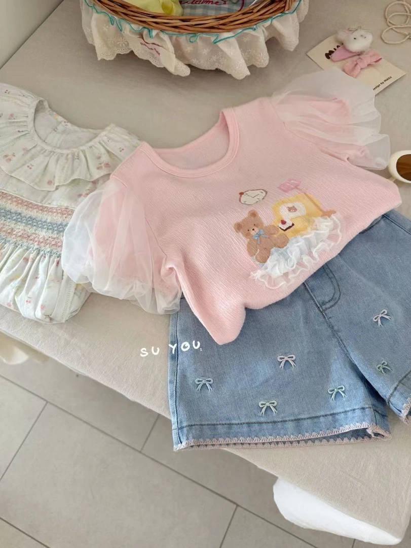 Suyou2025夏～花边小熊短袖662119/蝴蝶结牛仔短裤662138（女童汉服