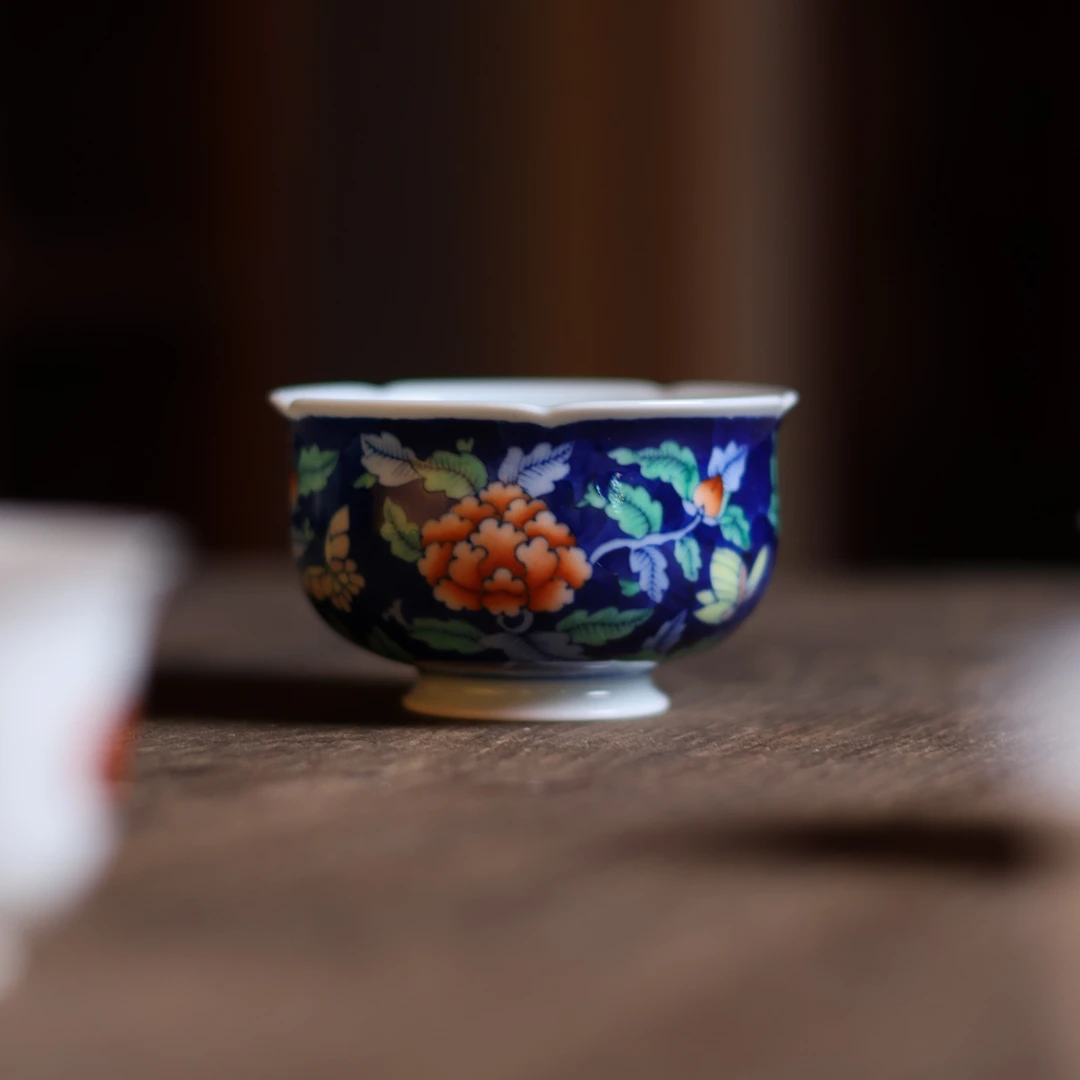 【非遗甄选】蓝地牡丹-卓君-花口如是杯-70ml（卓君S0094）