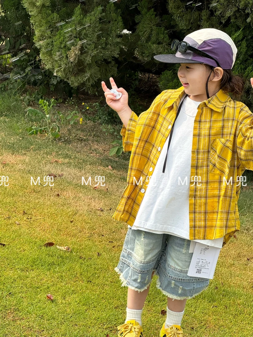2025夏季新款中小童儿童格子衬衣韩版中袖儿童上衣
