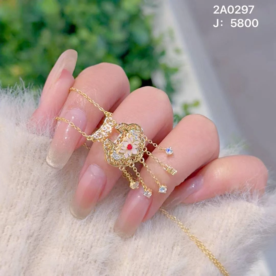 坠链均925银 纯银s925镀金镶莲花锁项链金色套链