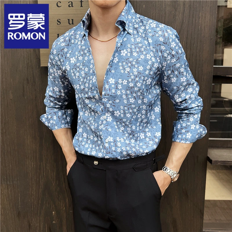 罗蒙春秋2025新款印花长袖衬衫男商务休闲潮流小碎花高端男装免烫