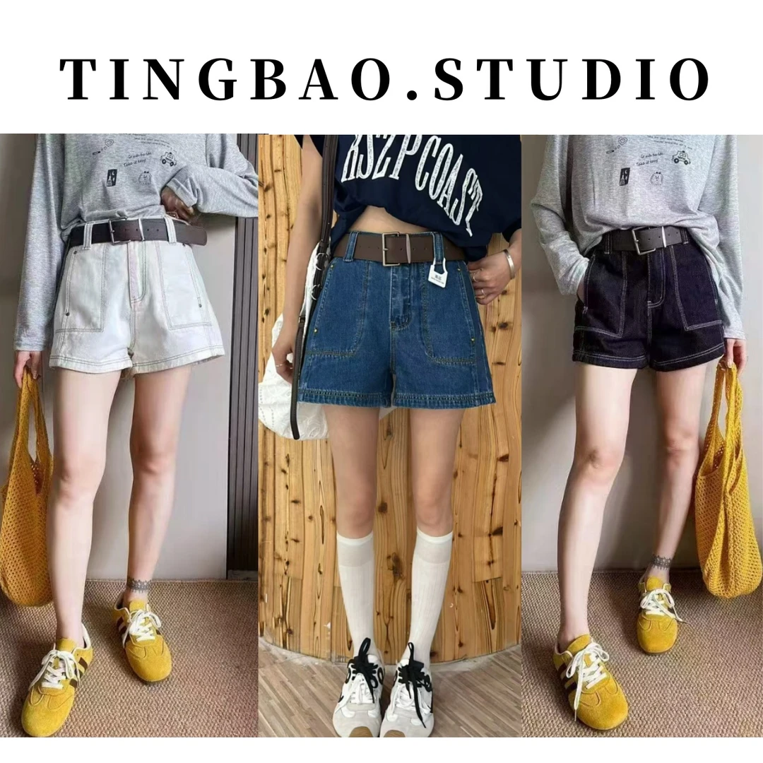 【线条设计】夏季新款复古高腰显瘦A字遮胯四分短裤(带腰带)99075