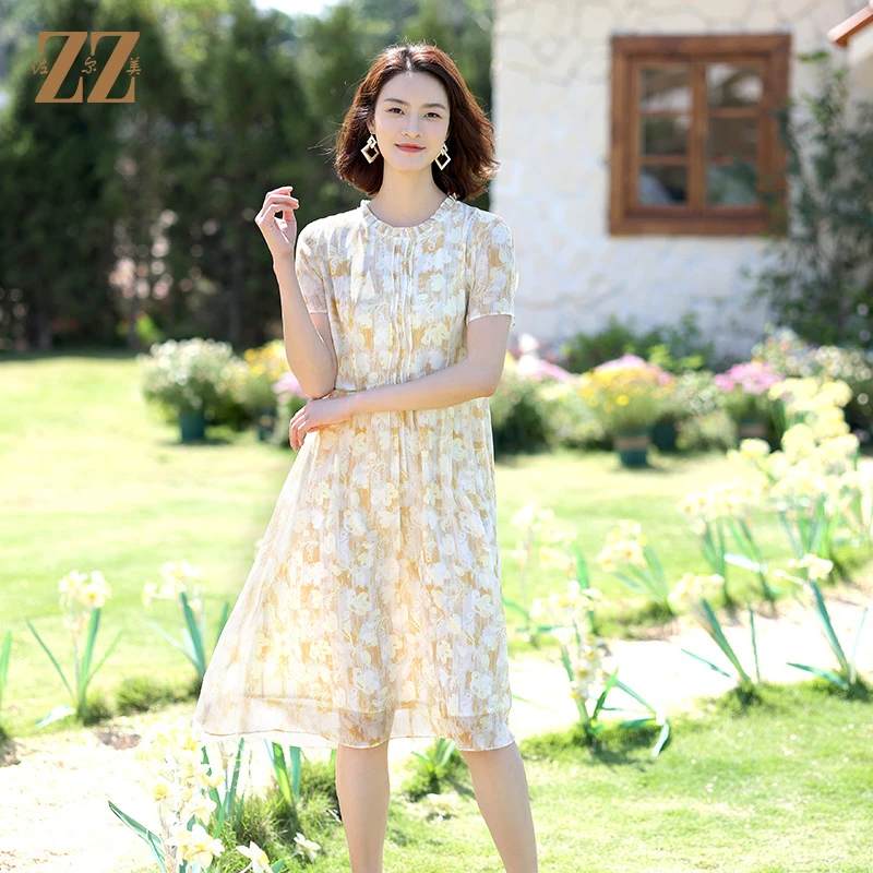 佐尔美夏季新款桑蚕丝乔其碎花气质蕾丝连衣裙女E12LS104