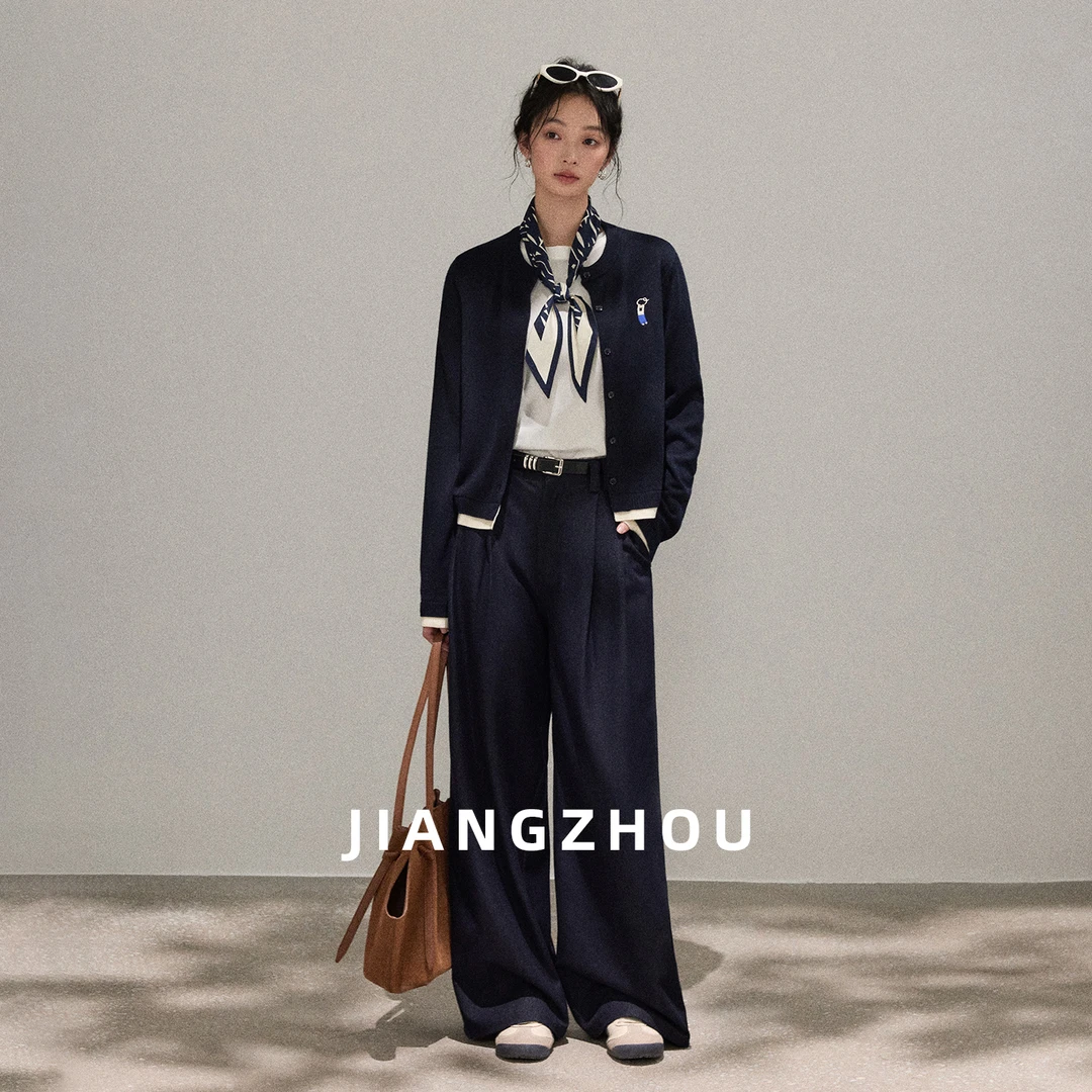 江洲【鲸喜】秋季新款气质时尚长袖百搭休闲撞色复古圆领针织开衫