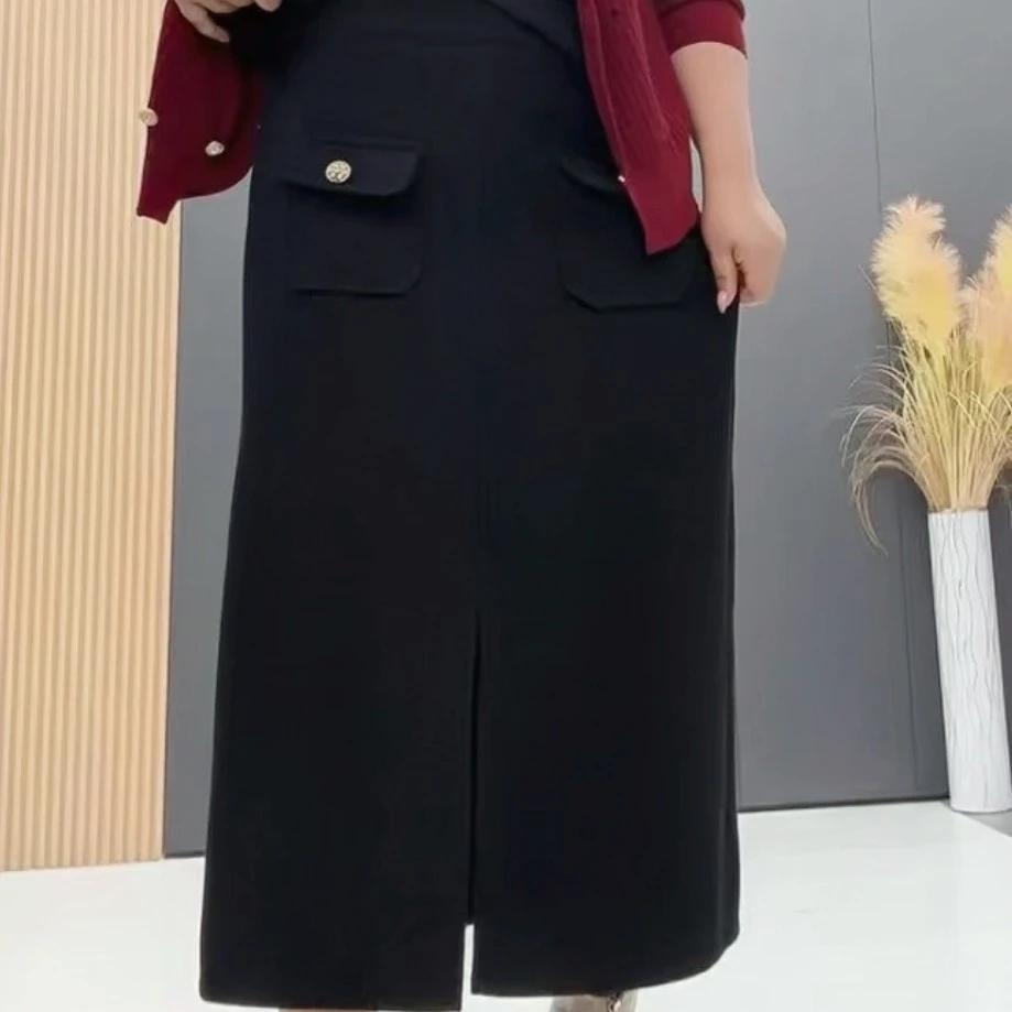 梦梦家3618款时尚洋气高腰百搭秋冬款开叉毛呢韩版半身裙