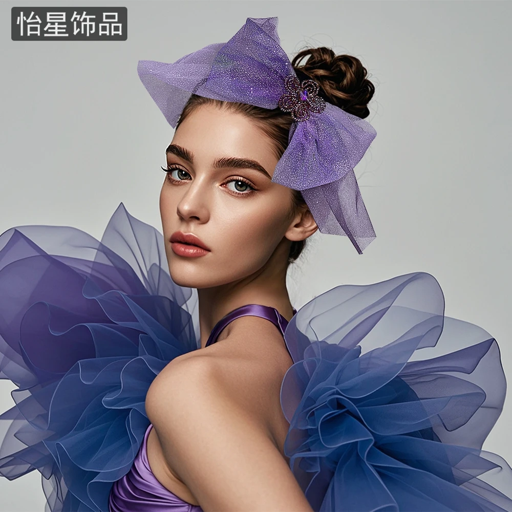 怡星紫色渐变网纱超大蝴蝶结发箍水晶花朵发饰时尚压发发卡A32